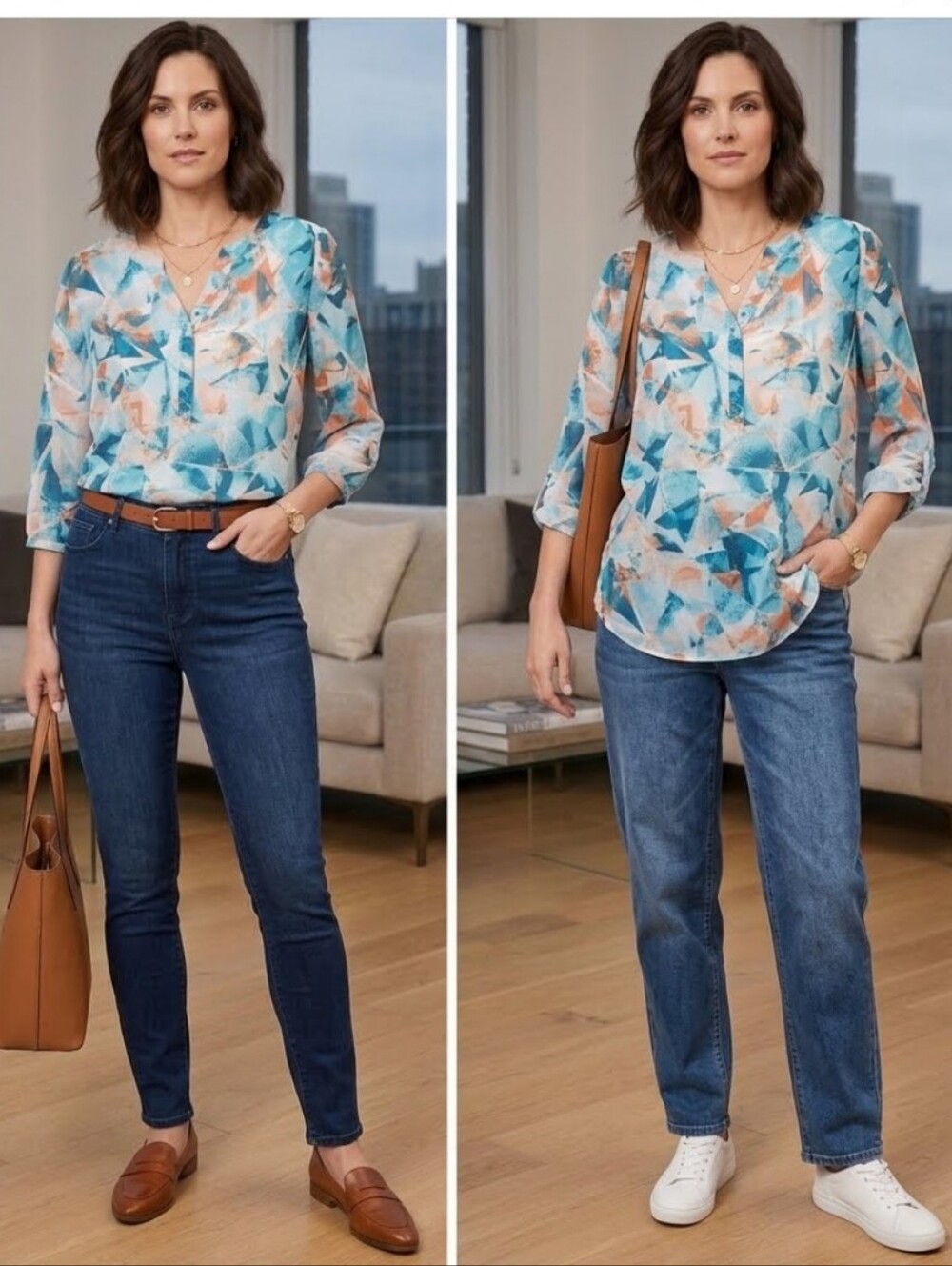 Northern Reflections Blue and Orange Abstract Blouse